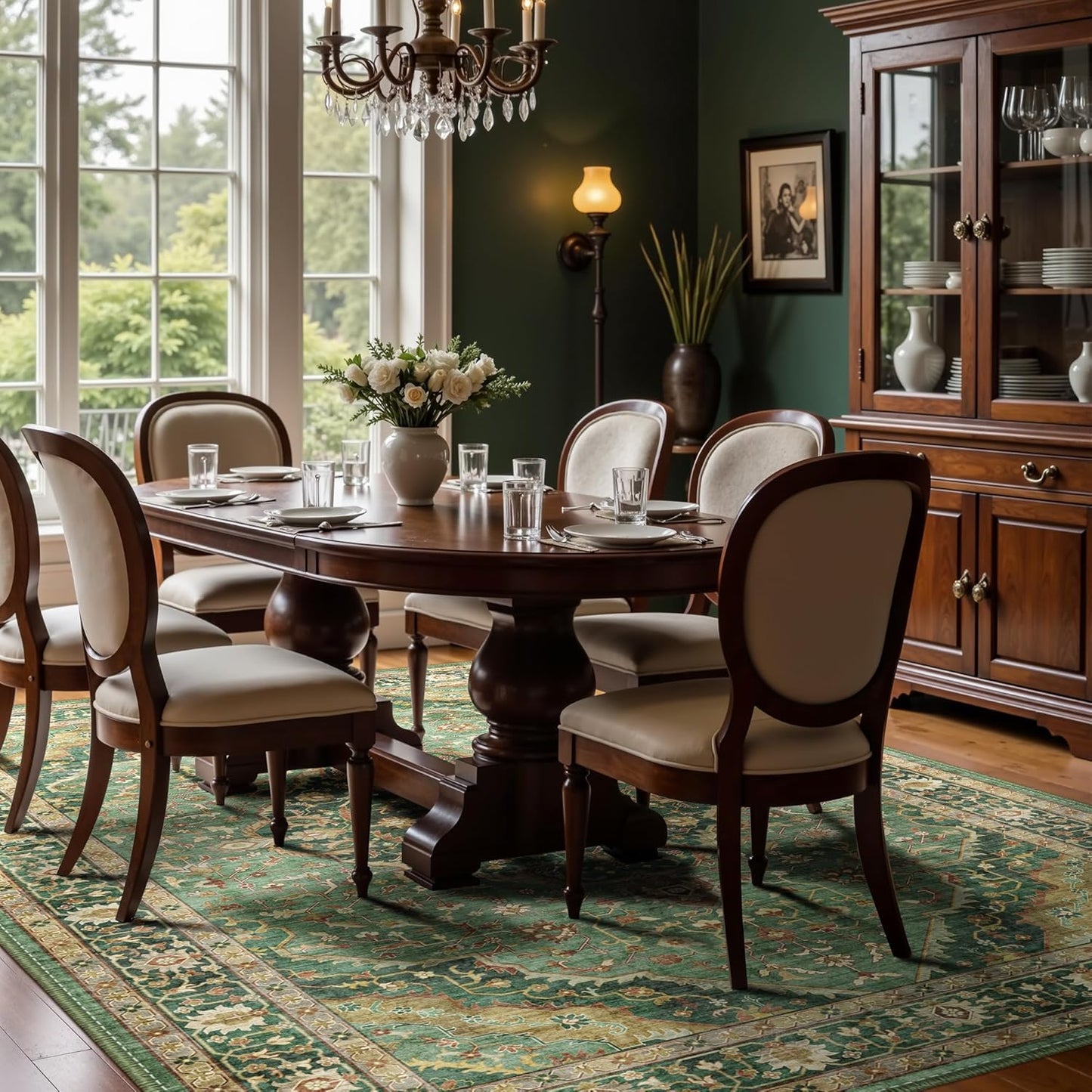 6x9 Vintage Rugs for Dining Room, Washable Rugs Non Slip Large Area Rug for Living Room Bedroom Office, Floor Decoration Big Rug Mat Low-Pile Kid & Pet Friendly(Border Green)