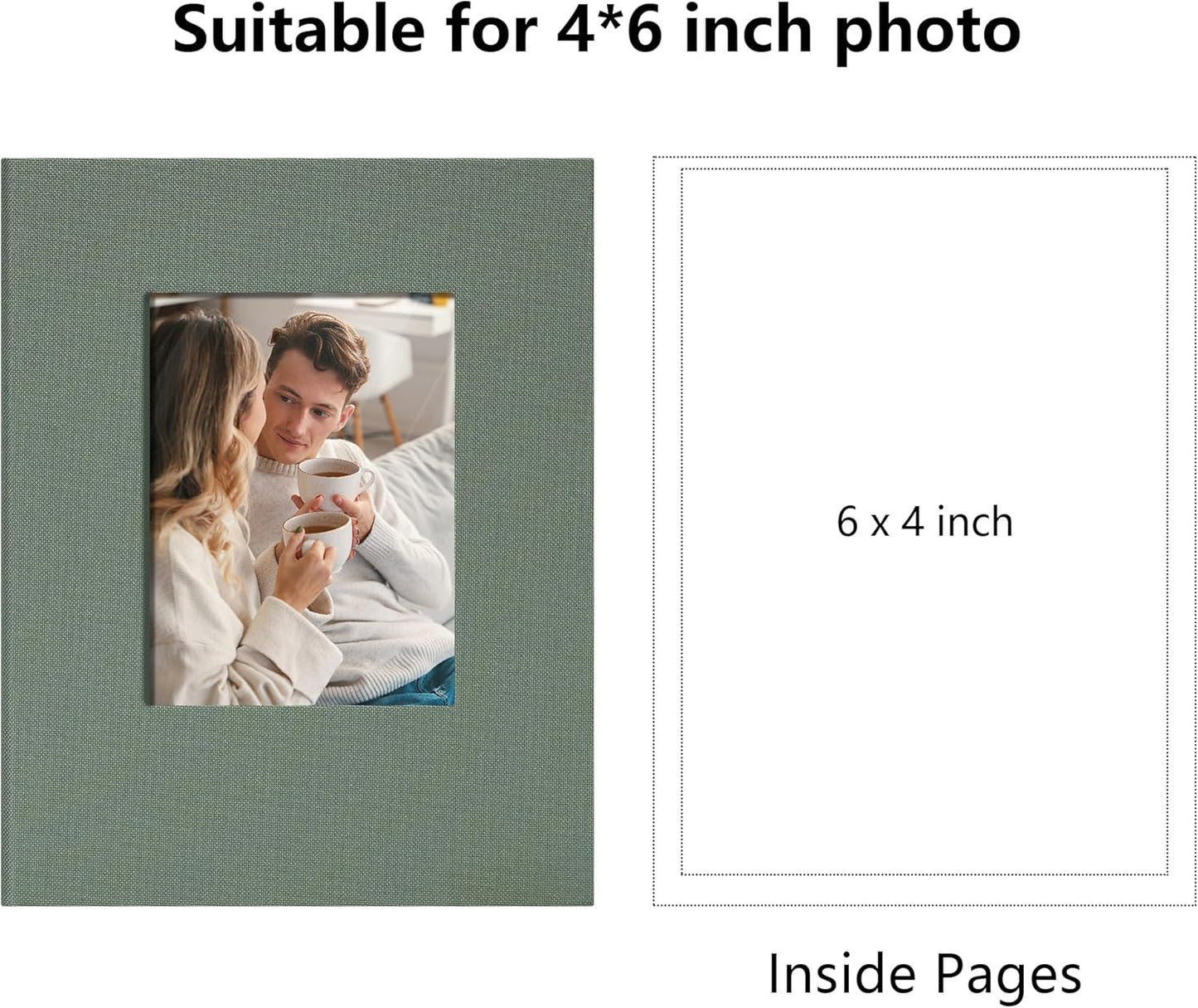 Small 4x6 Photo Album 100 Pockets Linen Cover with Front Window Portable Mini Picture Book for Family Travel Wedding and Memory Keepsake Organizer Gray Green