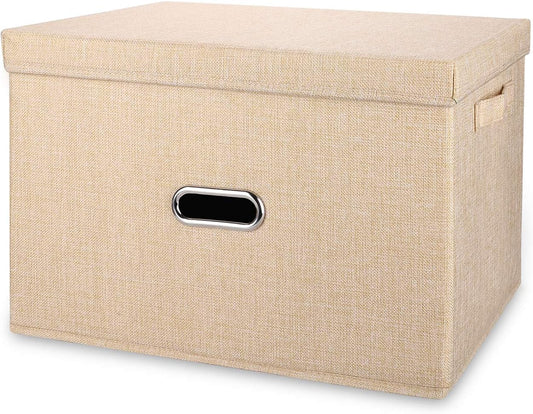 Linen Fabric Collapsible Storage Bins with Removable Lids and Handles, Washable Storage Box Containers Baskets Cube with Cover for Bedroom,Closet,Office,Living Room,Nursery (Khaki, Medium)