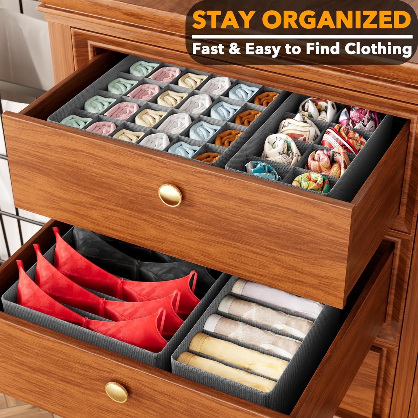 SpaceAid Underwear Drawer Organizer, 4 Pack Dresser Organizer Bins for Nursery, Closet Organization and Storage with Dividers for Baby Clothes Socks Bra Ties Scarf (Grey)