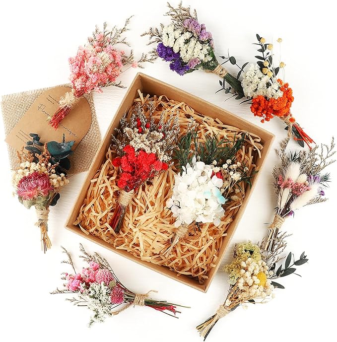 10Pcs Mini Dried Flower Bouquet Colourful Natural Boho Dried Flowers Set Mini Natural Real Plants for Wedding Table Centerpieces Gift Box Cake Bottle Decor Home Vase Decorations DIY Craft