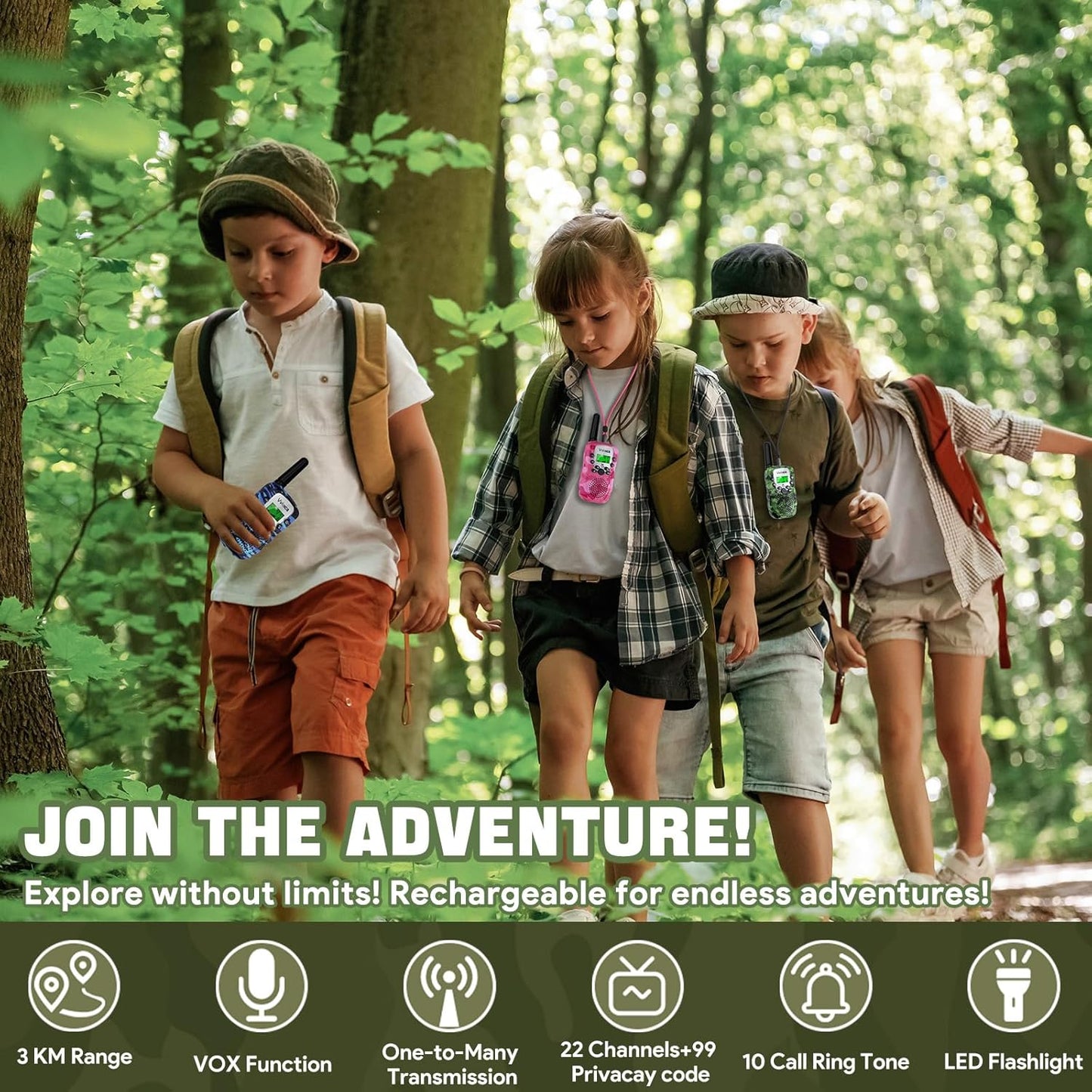 Vvinca Walkie Talkies for Kids Rechargeable 2 Pack, Army Toys for Boys Girls Ages 3-13 Outdoor Military Camping Toy, 3KM Long Range Walkie-Talkie 2 Way Radios 22 CH with Flashlight Birthday Gift