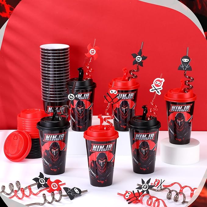 Yungyan 16 Sets Ninja Party Favors Goodie Cups with Lids and Straws for Birthday Decorations Reusable 16oz Plastic Candy Cups Plastic Straws for Birthday Party (Ninja)