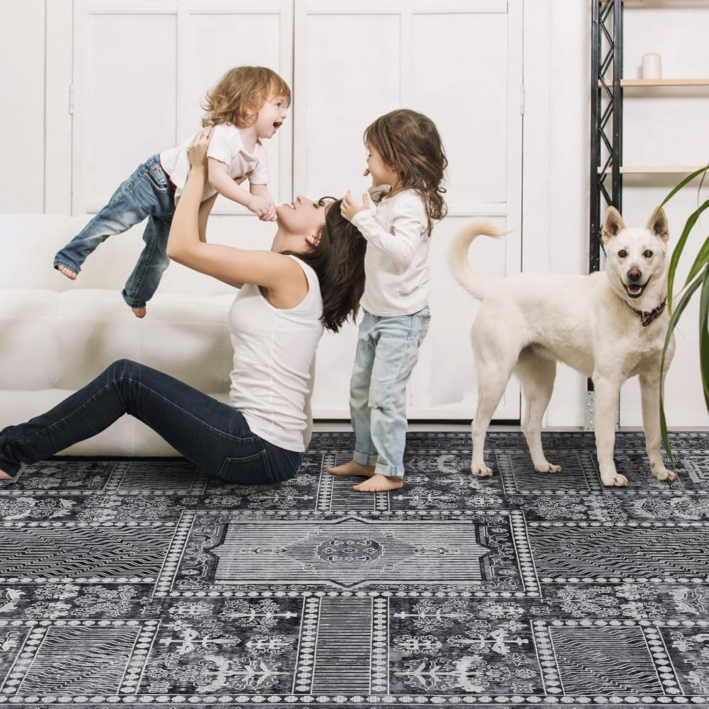 Washable 6x9 Area Rug for Living Room, Carpet for Bedroom Dining Room, Non Slip&Non-Shedding Resistant Low Pile Vintage Print Rug for Home Office (Grey)