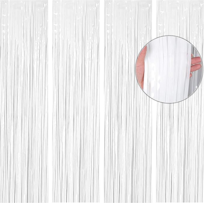 BTSD-home 4 Pack 3x 8ft White Foil Fringe Curtain Backdrop Party Streamers Decorations Metallic Photo Booth Tinsel Theme Bachelorette Graduation Wedding Birthday Bridal Shower Christmas Decor Supplies