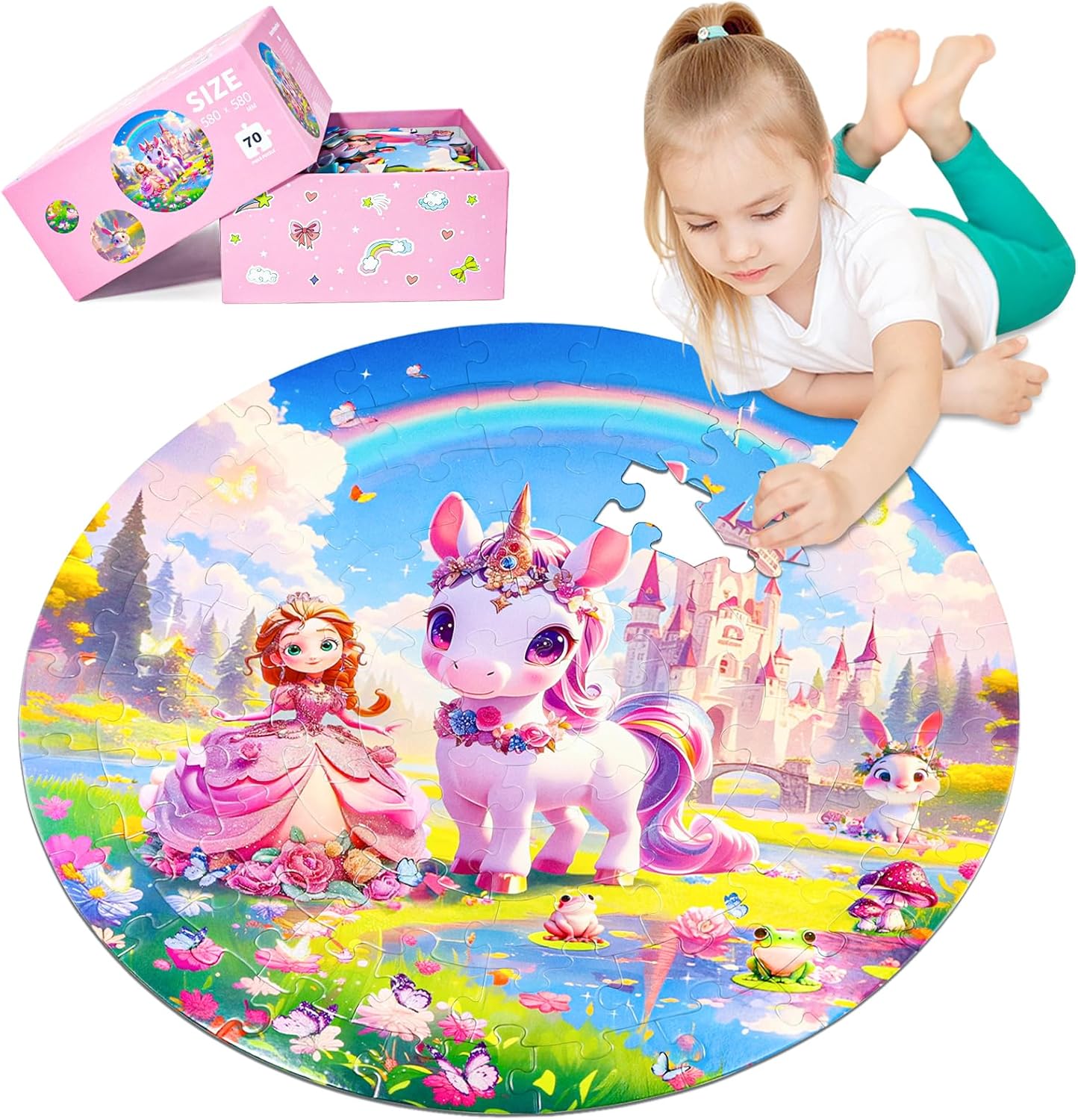 Floor Puzzles for Kids Ages 4-6, 70 Pieces Large Round Unicorn Princess Floor Puzzle Unicorn Jigsaw Puzzle Toy for 3 4 5 6 Toddler Girls - Educational Christmas, Birthday Gift