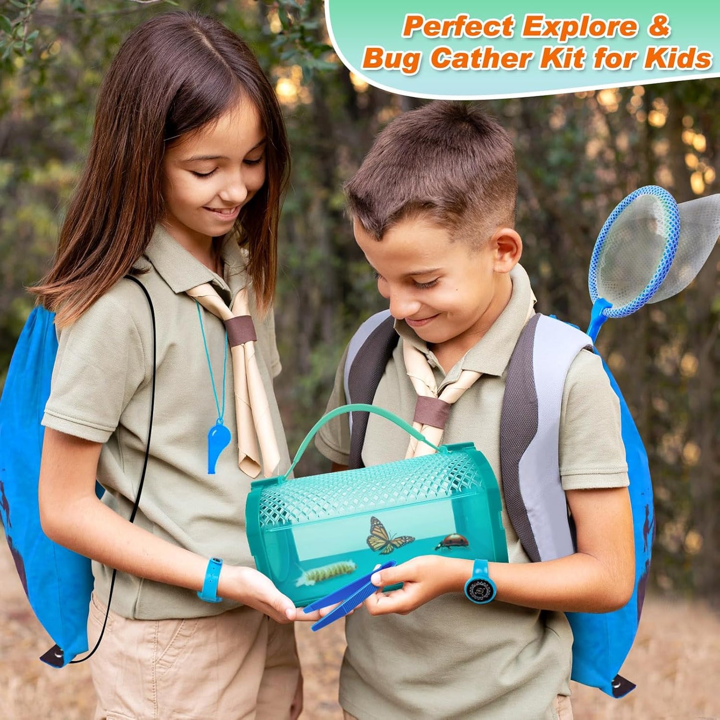 Bug Catcher Kit & Outdoor Explorer Kit for Kids, 10 Pcs Bug Catching Kit with Toy Cage, Backpack, Flashlight, Manifying Glass, Toy Net, Outdoor Exploration Toys Gift for Boys Girls 3-12