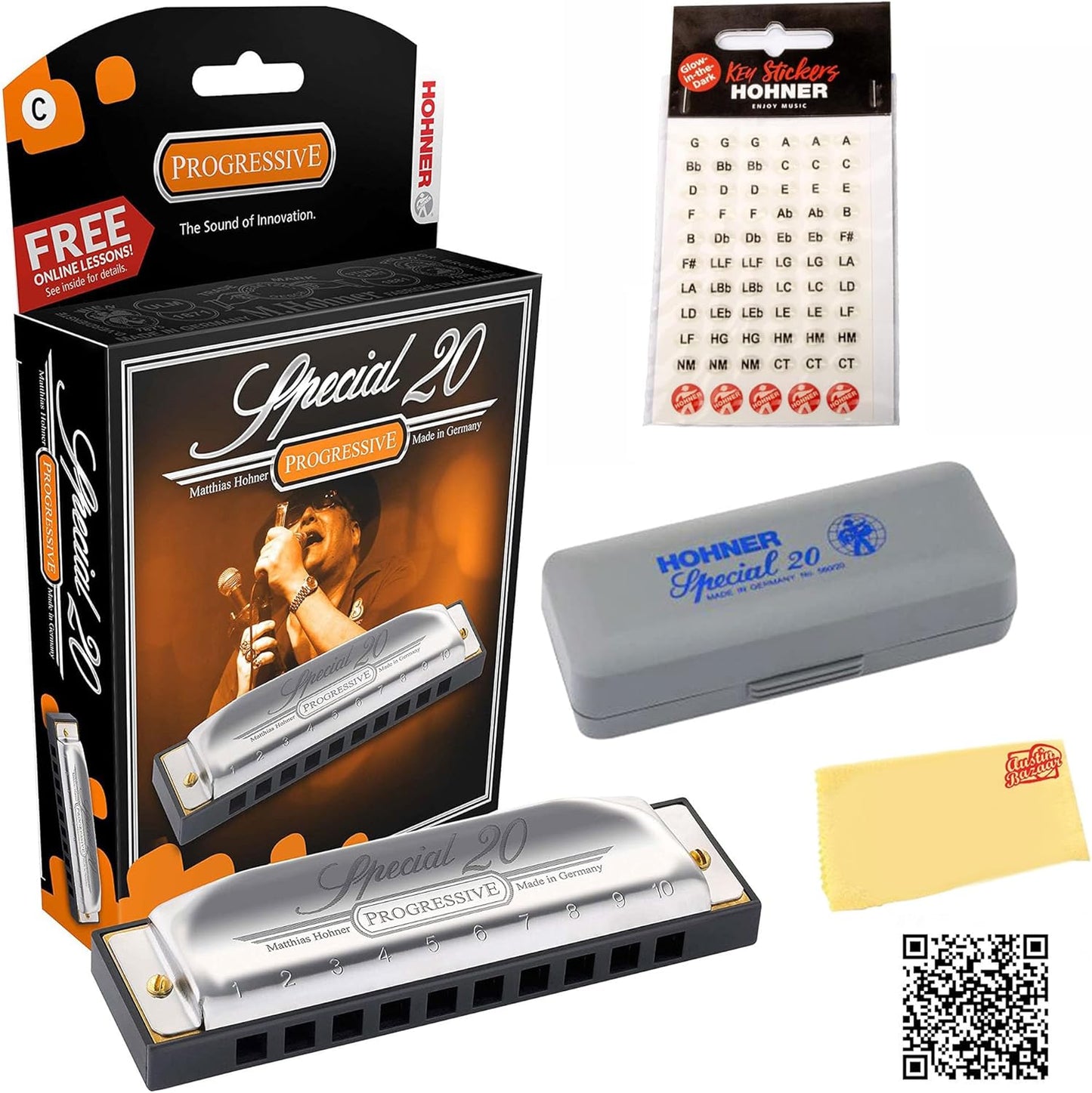 Hohner 560 Special 20 Harmonica - Key of F Bundle with Carrying Case, Key Stickers, Harmonica Beginner Online Manual, and Austin Bazaar Polishing Cloth