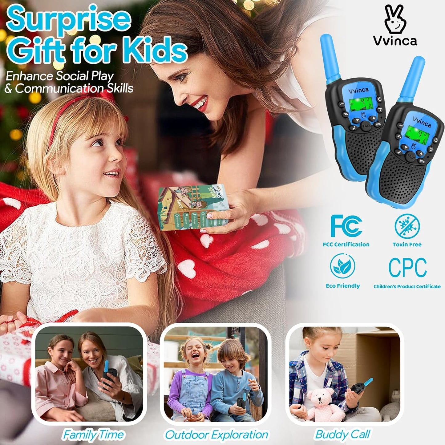 Vvinca Walkie Talkies Toys for Ages 5-7, Rechargeable Walkie Talkie Gifts for 3-12 Year Old Boy Girl with Flashlight 22CH 2 Way Radio 3 Mile Long Range for Adventure Game Camping Outdoor Hiking