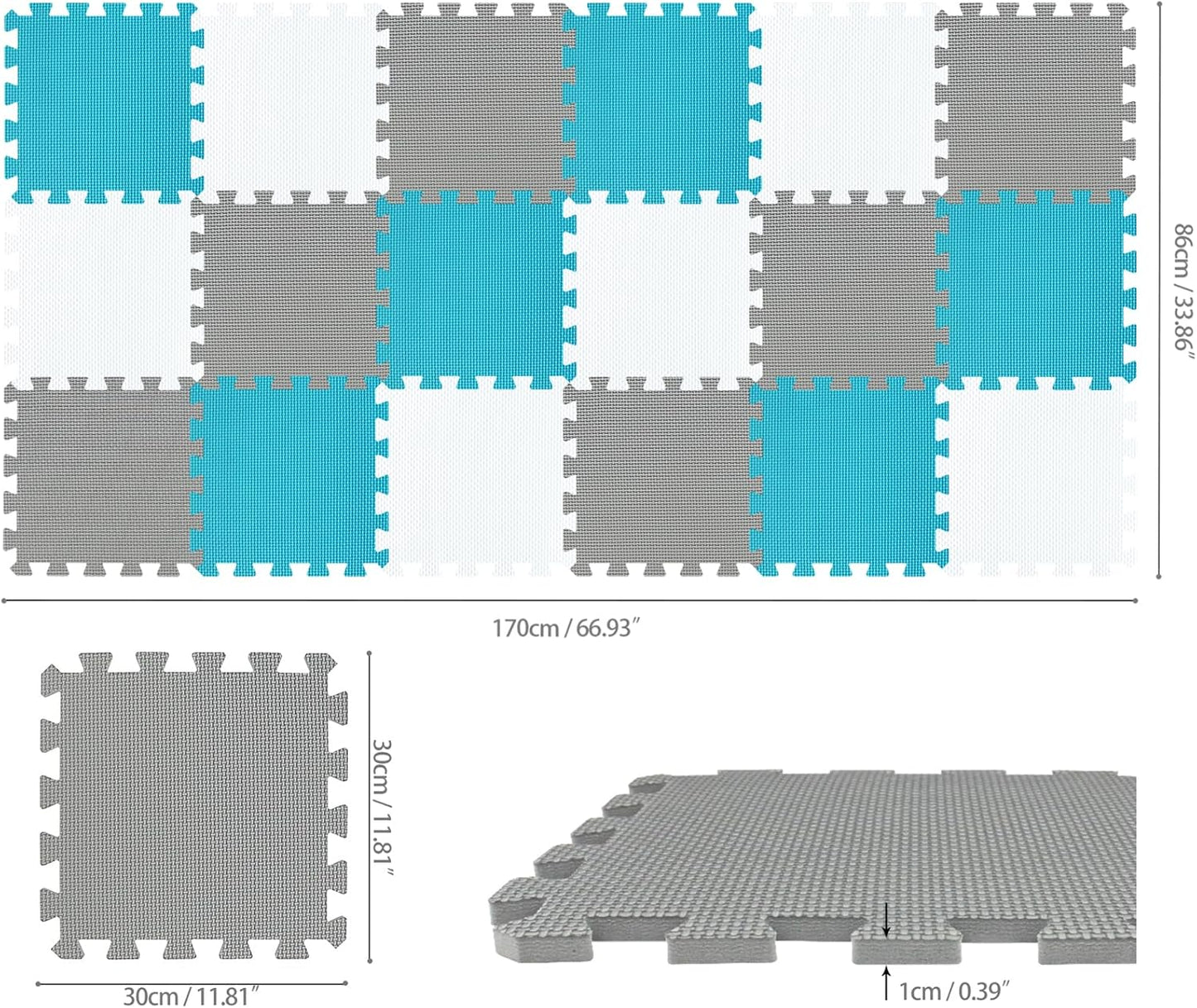 qqpp EVA Rubber 18 Tiles Interlocking Puzzle Foam Floor Mats - Baby Play Mat for Playing | Exercise Mat for Home Workout. White, Gray, Dark Green. QC-ALPb18N