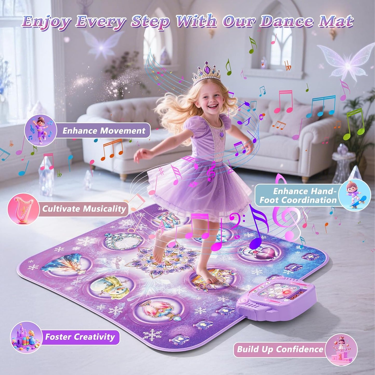 Dance Mat Toy for 3-12 Year Old Girls, Electronic Dance Pad with Wireless Bluetooth,Frozen 8-Button Music Princess Toys Play Mat for Kids with LED Light, Built-in Music, Toddlers Birthday Gift Ages 3+