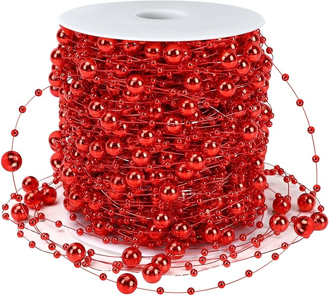 JULBEAR Beads Garland Decoration, 1Rolls 131Feet Red Christmas Pearl Strands Chain Bead Garland for Christmas Tree Fireplace Wreath Gift Bouquet Crafts Wrapping Wedding Party Centerpieces Decoration