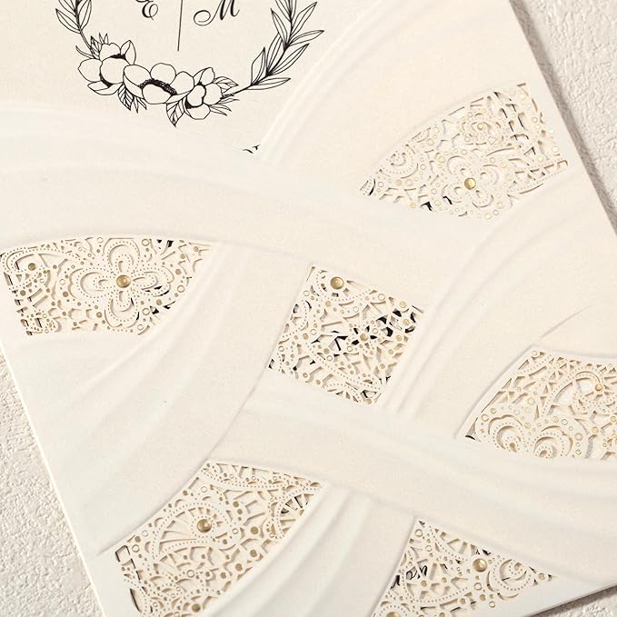 50pcs Laser Cut Wedding Invitations with Envelopes Ivory White, 5x7.3 Personalized Invitation Cards for Wedding