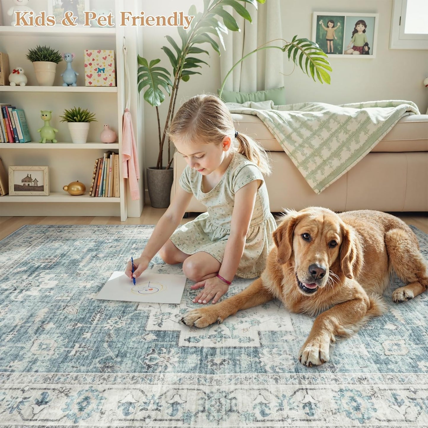 LIVEBOX Washable Area Rug 8x10 Rugs for Living Room Bedroom, Non-Slip Boho Indoor Carpet for Dining Room Office, Low-Pile Farmhouse Soft Carpets for Kids Nursery Room Playroom, Blue