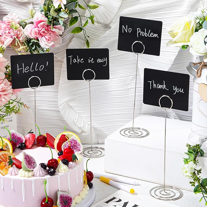 TecUnite 12 Pcs Mini Chalkboard Signs, 4"x3" Small Chalkboard Label with Metal Stand 2 Water Based Chalk for Food Buffet Tabletop Blackboard Sign for Party Bakery(Silver,8.7 x 2.8 in)