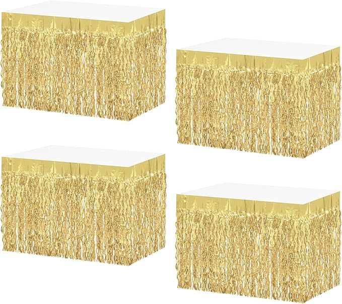 4P Wavy Metallic Tinsel Foil Fringe Table Skirts for Rectangle Tables Backdrop Garland Curtains for Parade Floats Wedding Birthday Parties Decoration Graduation 2025 Christmas (Light Gold)