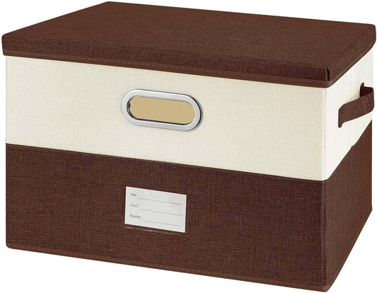 Large Linen Fabric Foldable Storage Bins with Removable Lid and Handles, Washable Storage Box Organizer Containers Baskets Cube with Cover for Bedroom,Closet,Office(Coffee&Cream, Large)