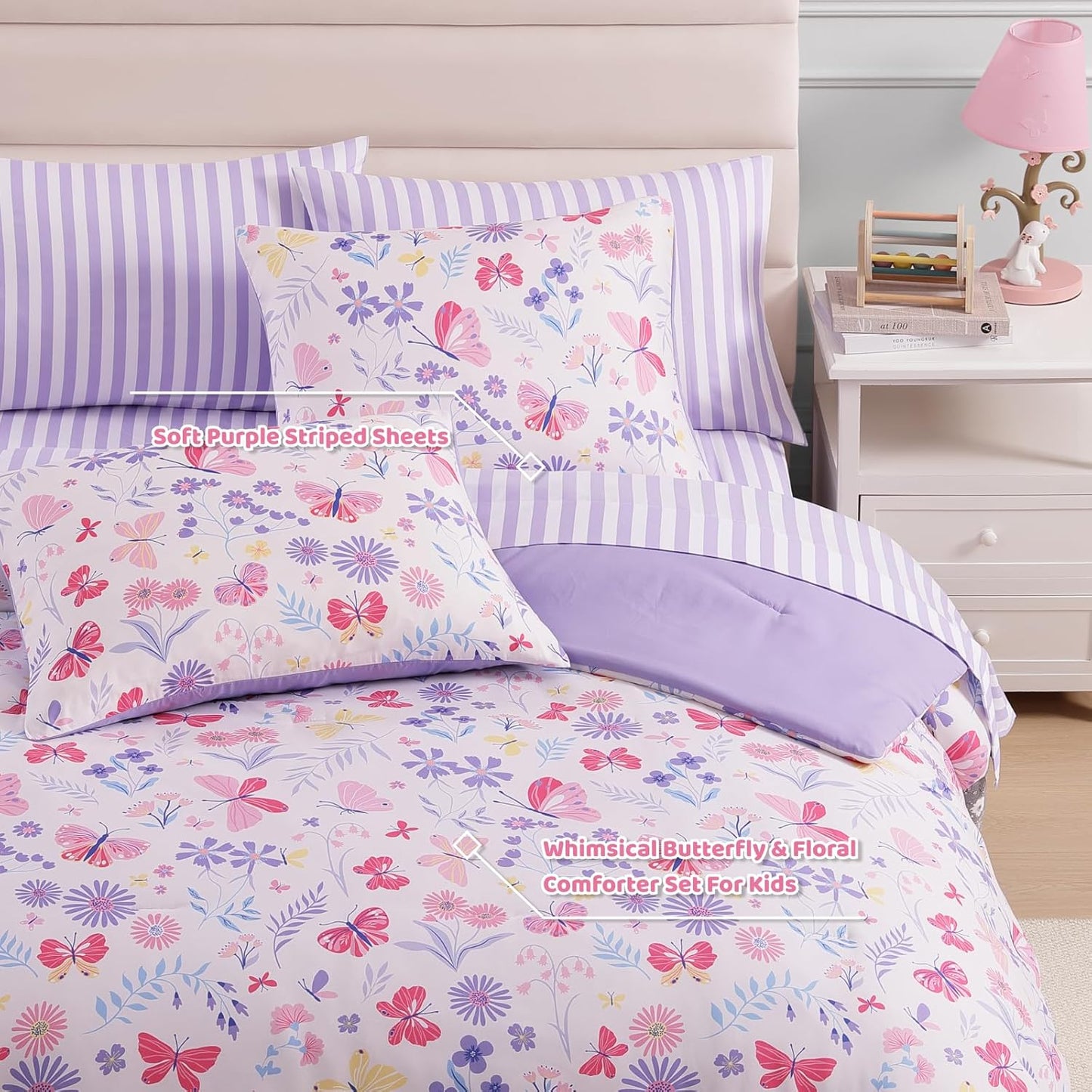 Twin Comforter Set with Sheets for Girls-5 Pieces Twin Bedding Sets with Pink Comforter, Sheets, Pillowcase & Sham for Kids (Cute Botanical Flowers, 66" X 86")