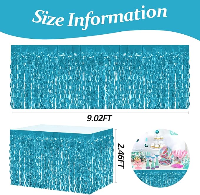 4P Wavy Metallic Tinsel Foil Fringe Table Skirts for Rectangle Tables Backdrop Garland Curtains for Parade Floats Wedding Birthday Parties Decoration Graduation 2025 Christmas (Lake Blue)