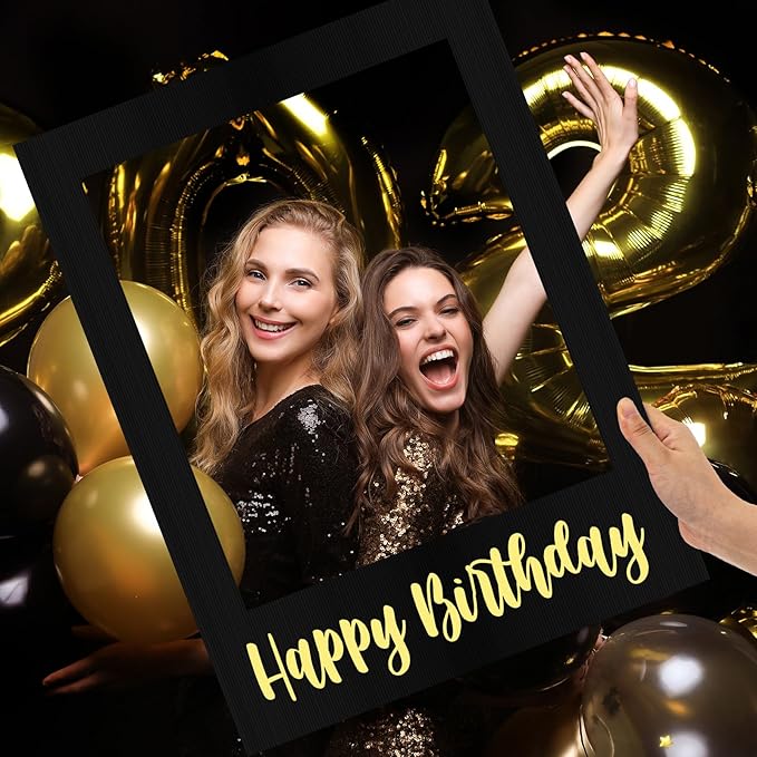 32 x 24 Inch Large Photo Booth Props Picture Frame Happy Birthday Party Frame DIY Cutouts Photo Booth Props Selfie for Party Supplies Favors(Black Gold,Happy Birthday)