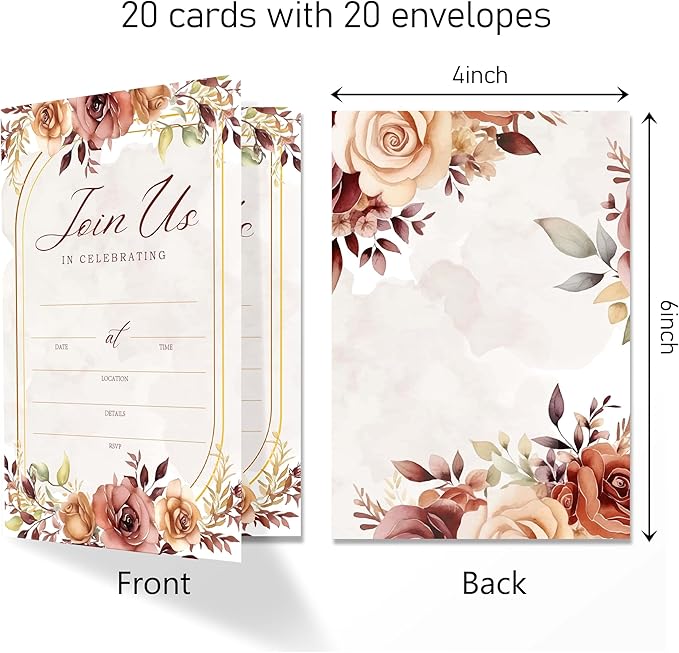 Join Us In Celebrating - Autumn Invitation Cards with Envelopes Pack of 20 (4"x6") - Floral Invitations for Baby Shower, Wedding, Bridal Shower, Baptism, etc.(151)