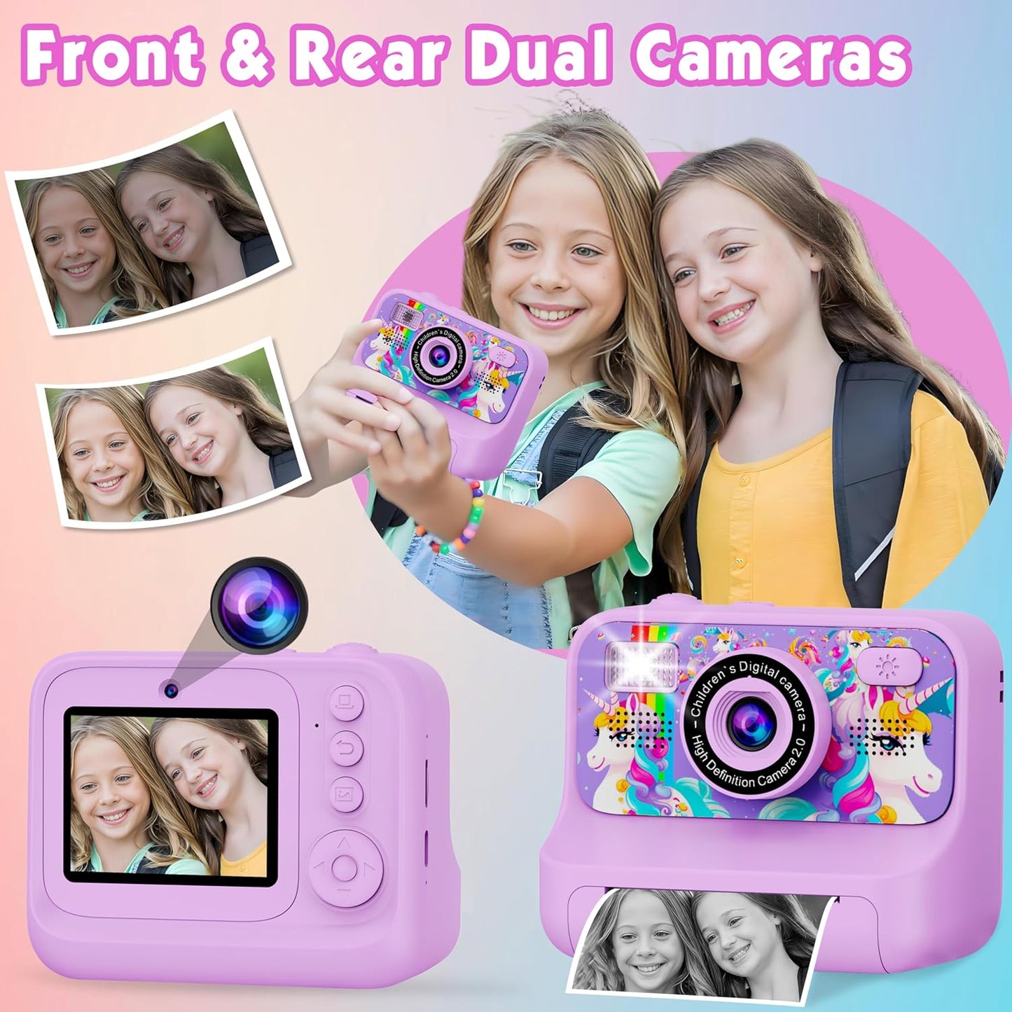 Kids Camera, Upgrade Kids Camera Instant Print, Front Rear Dual Selfie Digital CAM with 1080P Videos, Portable Travel Toy with Games and Music, Christmas Birthday Gift for Boys, Girls and Teens