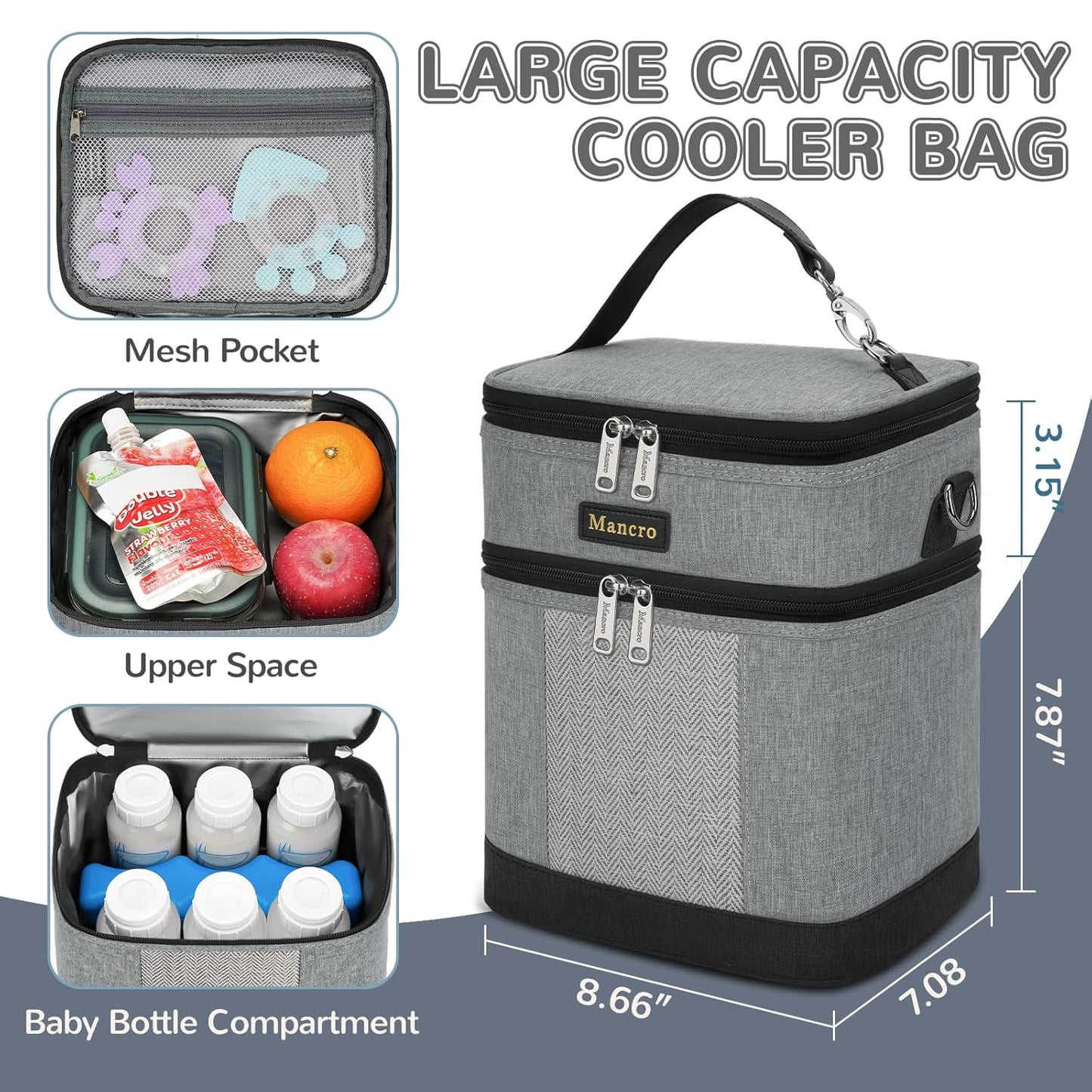 Mancro Breastmilk Cooler Bag with Ice Pack, insulated bottle bag for Daycare and Travel, Double Layer Baby Bottle Cooler Bag Fits 6 up to 9 Ounces for Nursing Moms, Light Grey