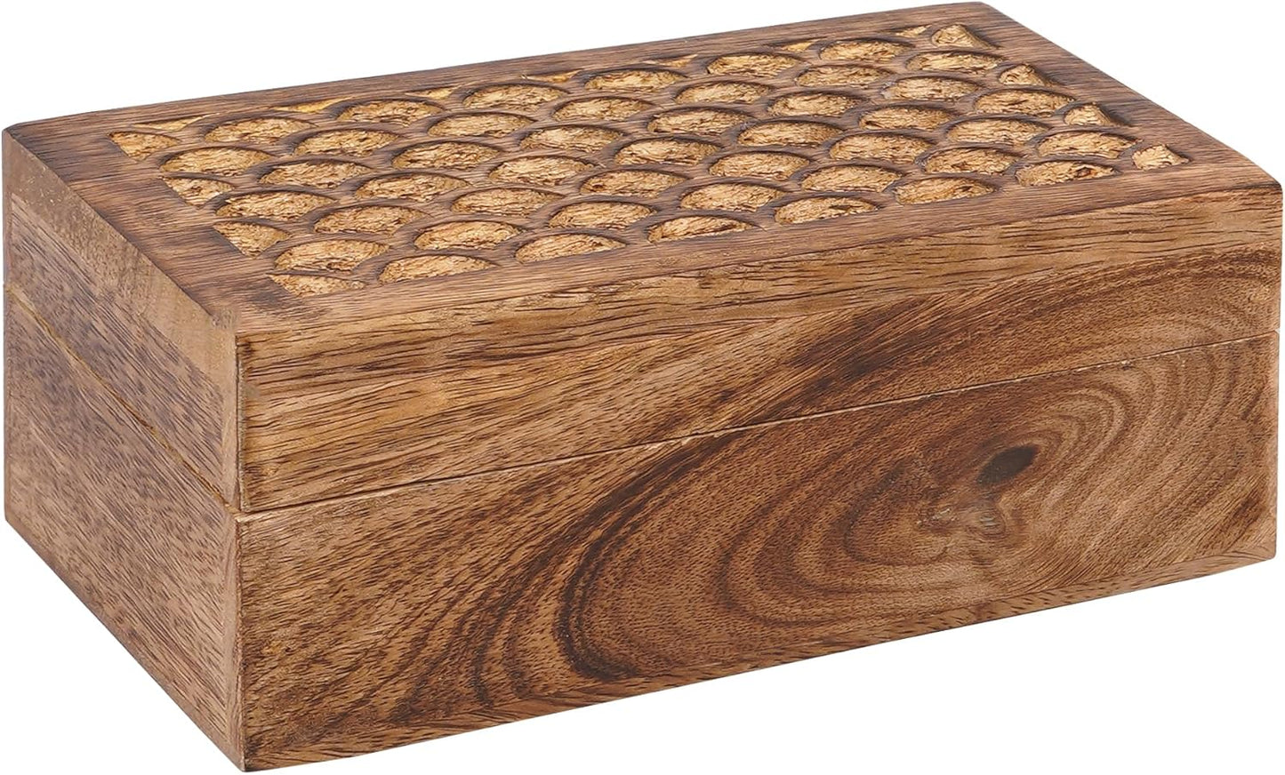 Carved Scallop Mango Wood Box with Lid - Medium Burnt Medium Wood Boxs - Handmade Decorative Boxs with Lid for Use As Memory Boxs, Keepsake Box, Photo Storage Box, and more - 7.5” x 4.5” x 3”