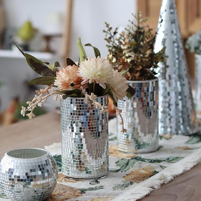 WDHODEC 6 Pcs Disco Vases Bulk Silver Mirror Disco Ball Flower Vase Glass Candle Holder for Wedding Table Centerpieces Decoration 6"