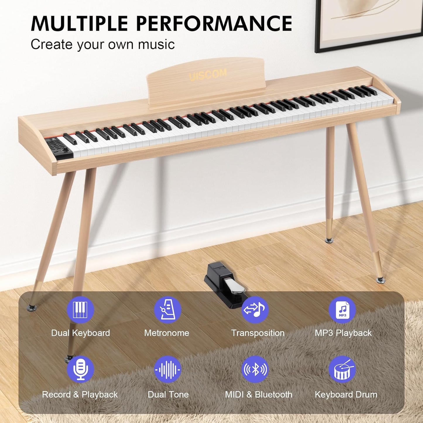 Digital Piano Keyboard for Beginners, Full Size 88 Key Semi-Weighted Keyboard Electric Piano with Stand,Power Adapter,Sheet Music Stand,Pedal,Headphone,USB-MIDI Compatible,Wood Grain Apricot
