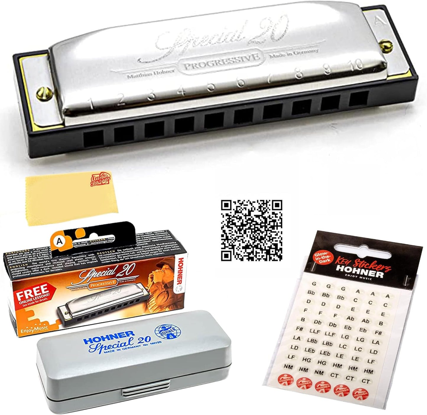 Hohner Special 20 Harmonica - Key of E Flat Bundle with Carrying Case, Key Stickers, Harmonica Beginner Online Manual, and Austin Bazaar Polishing Cloth