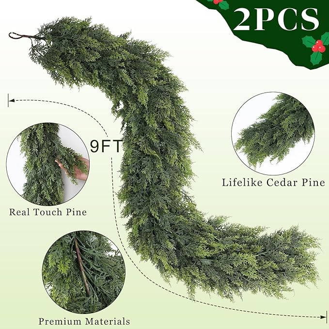 Christmas Cedar Garland - 9ft Artificial Cedar Garland Faux Lush Green Fake Pine Needles for Fireplace,Table,Window,Stairs,Mante,Holiday Indoor Outdoor Xmas Decor(2PCS)