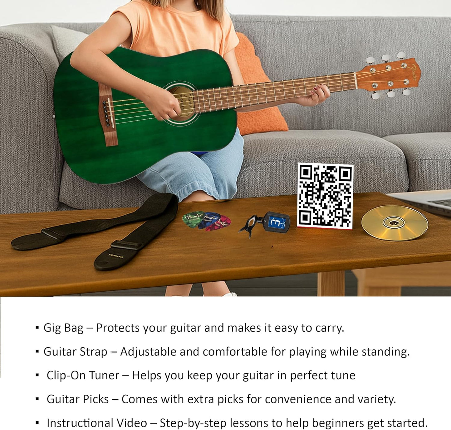 Fender FA-15 3/4-Scale Kids Steel String Acoustic Guitar - Green Learn-to-Play Bundle with Gig Bag, Tuner, Strap, Picks, Fender Play Online Lessons, and Austin Bazaar Instructional DVD