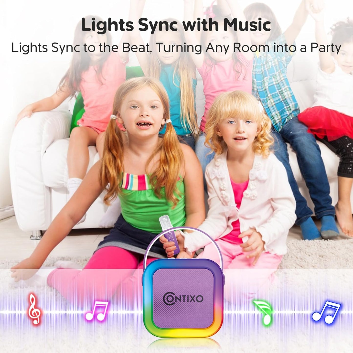 Contixo KS1A Kids Mini Karaoke Machine with LED Lights, 7–10H Playback, Dual Wireless Mics, Magic Voice Effects, Bluetooth Speaker for Children, Portable Singing Toy Gift for Boys & Girls, Purple