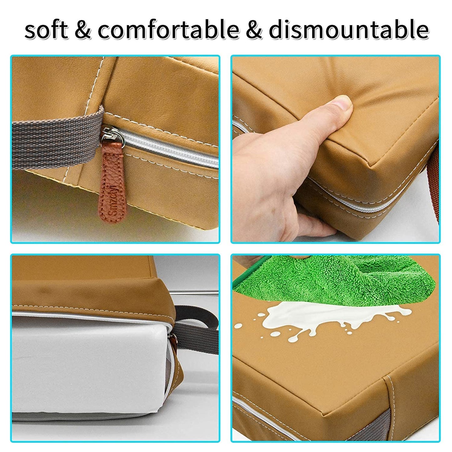 Toddler Booster Seat for Dining Table, PU Washable Double Safe Straps Non-Slip Bottom Booster Seat Dining Toddler, Portable Travel Increasing Cushion (Khaki)