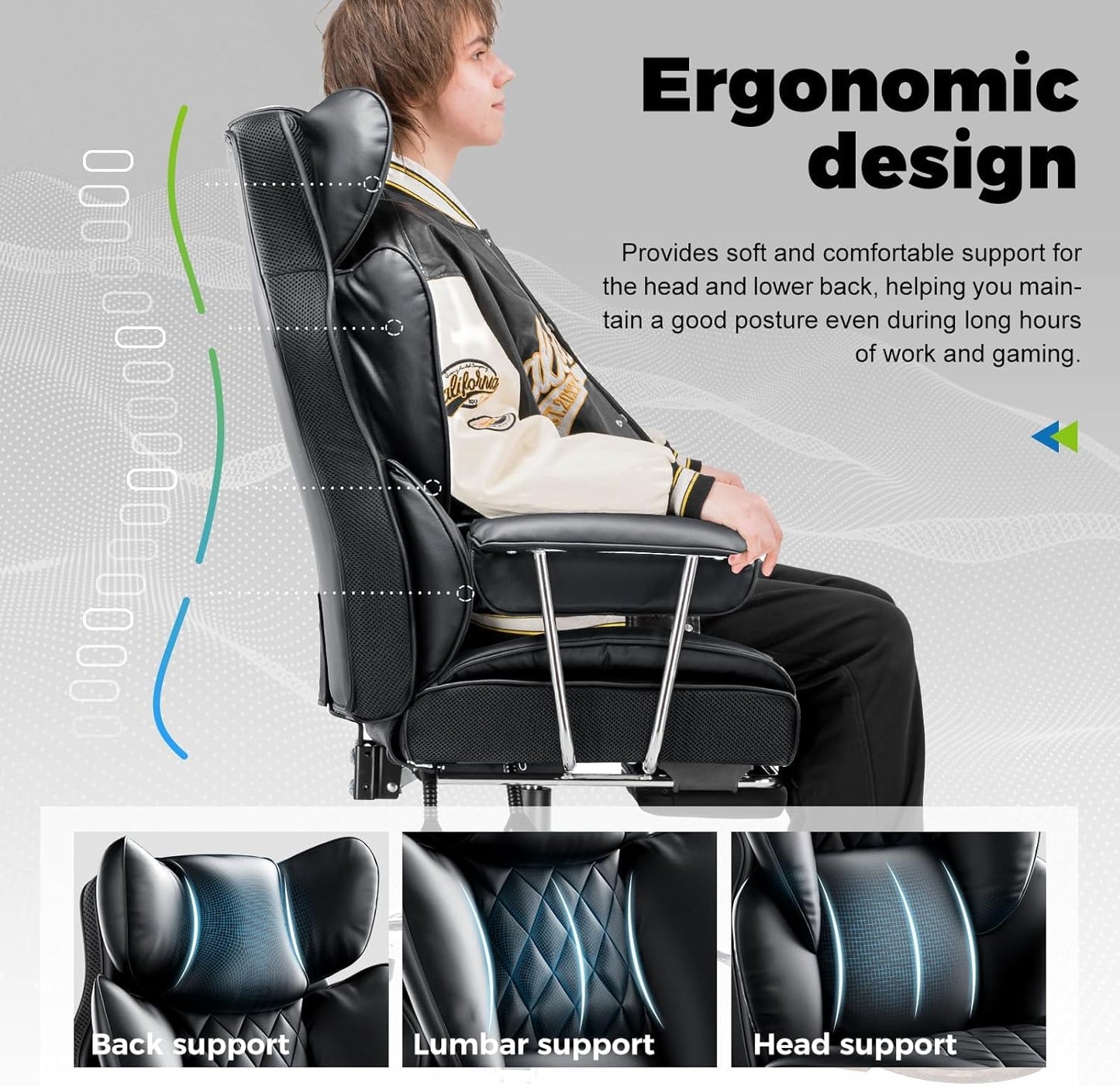 COMHOMA Big and Tall Office Chair, High Back Leather Gaming Chair with Footrest, Executive Ergonomic Office Chair with Pocket Spring Lumbar Support and with Outward Fixed Soft Armrests