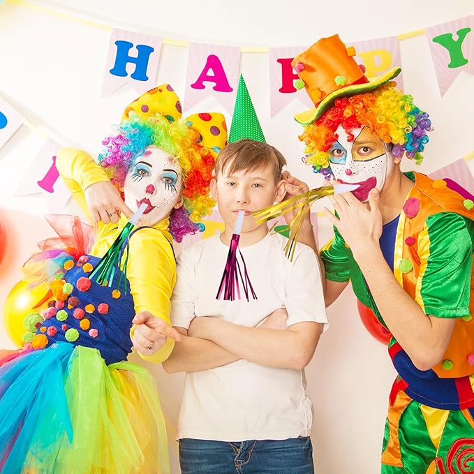 24 Pcs Party Horns, Party blowers Noise Makers, Graduation Noise Makers Glitter Metallic Fringed Birthday Blowers for Wedding Birthday Graduation Ceremony Festival (6 Colors)