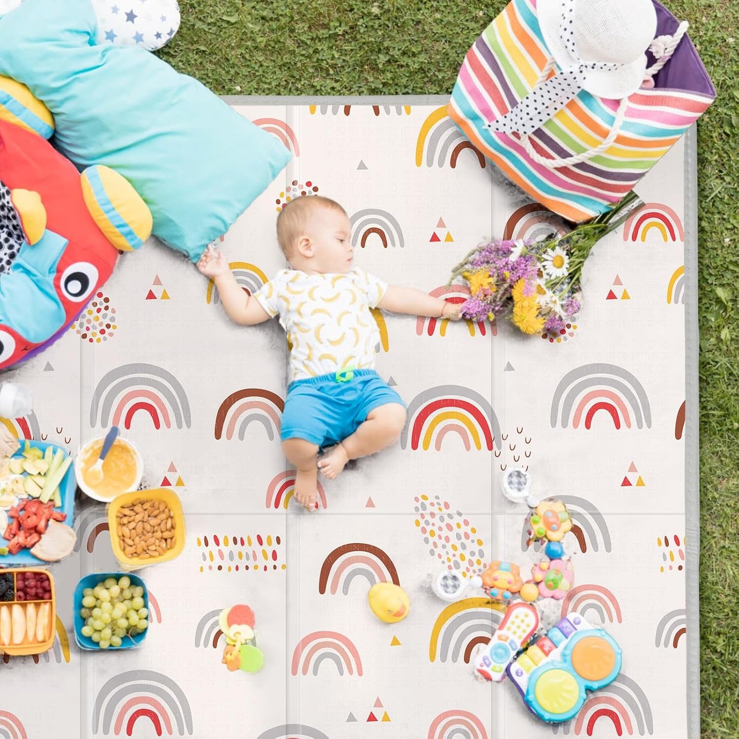 Foldable Baby Play Mat, PIGLOG 50x50 Playpen Mat, 0.6in Thick Waterproof Playmats for Babies and Toddlers Kids, Safe Foam Playmat for Tummy Time, Reversible Portable Baby Floor Mat for Infant, Rainbow
