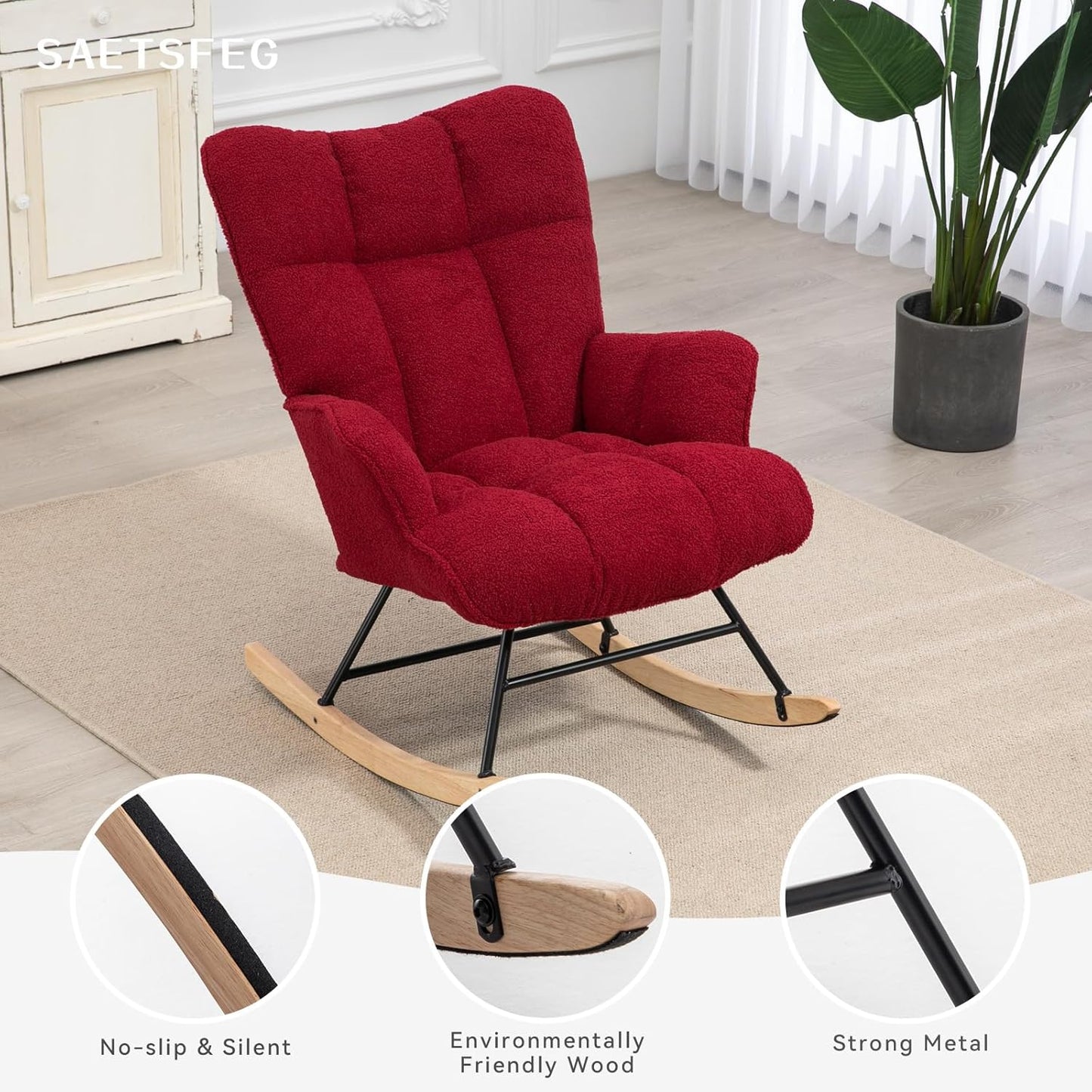 Rocking Chair Nursery Teddy Upholstered Glider Rocker Rocking Accent Chair Padded Seat with High Backrest Armchair Comfy Side Chair for Living Room Bedroom Offices (Burgundy Teddy)