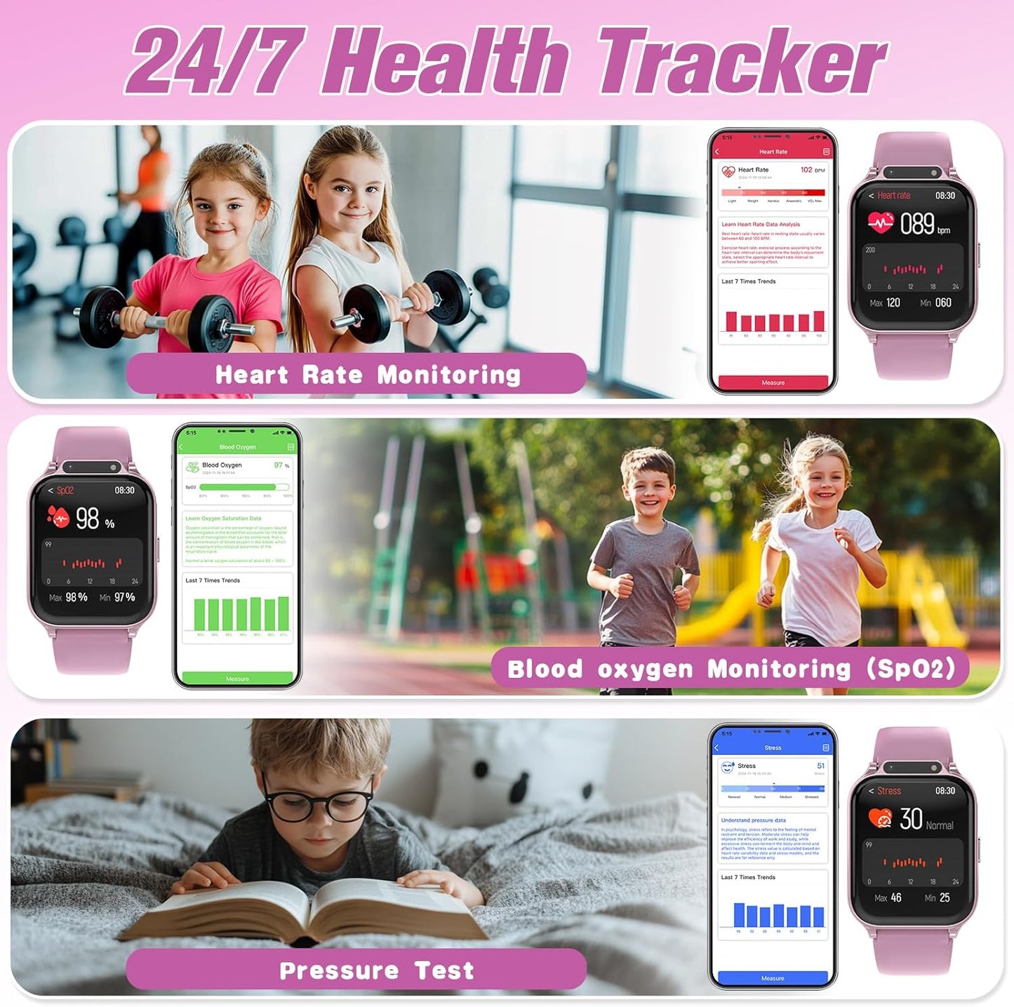 Smart Watch for Kids 1.85" with Fitness Tracker, Sleep Monitor, 22/100+ Sport Modes, DIY Dial, IP68 Waterproof, Step Counter, Heart Rate, Camera, with/Without APP, Gift for 3-12 Years Old Girls