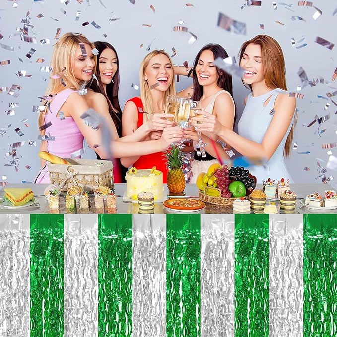 4P Wavy Metallic Tinsel Foil Fringe Table Skirts for Rectangle Tables Backdrop Garland Curtains for Parade Floats Wedding Birthday Parties Decoration Graduation 2025 Christmas (Silver Green)