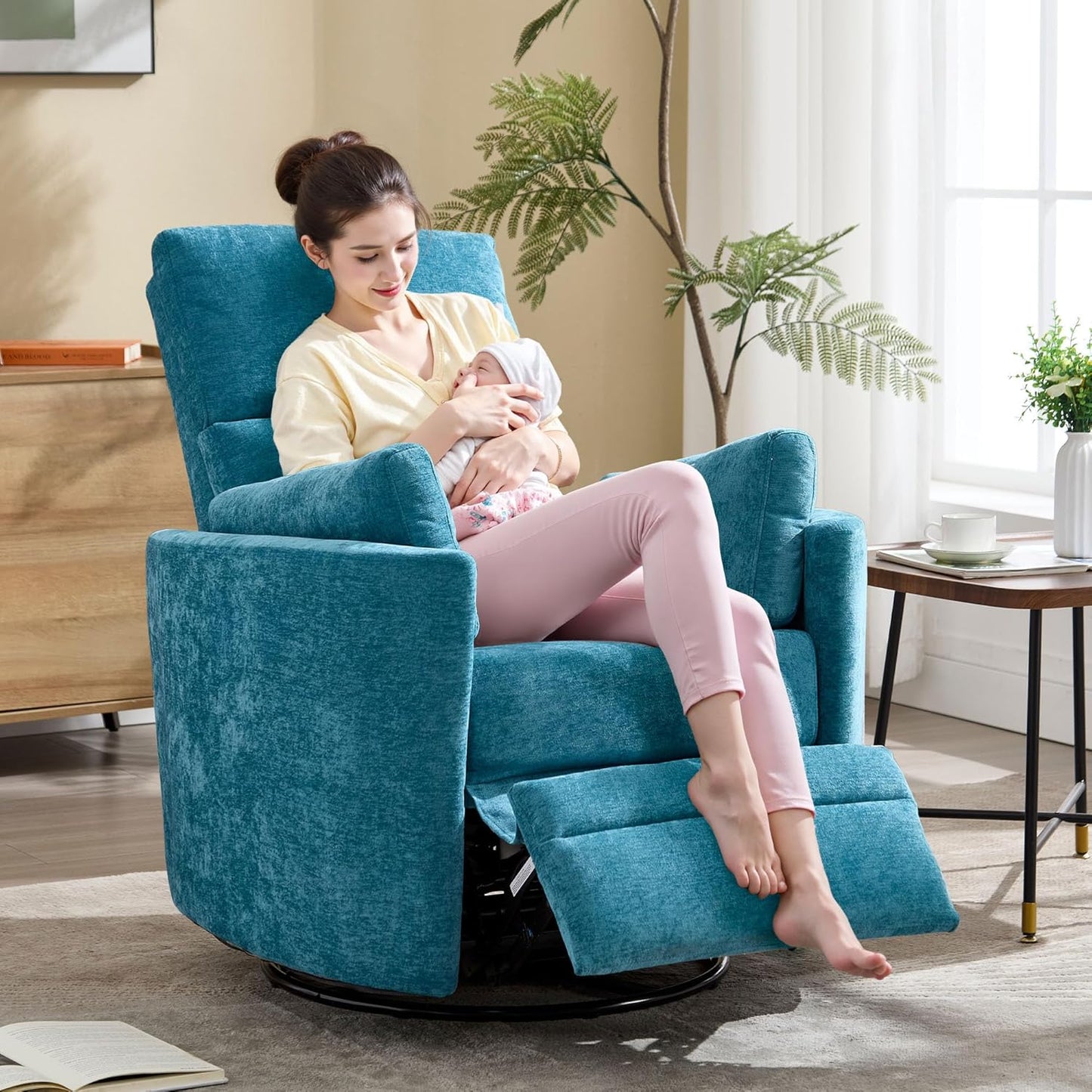 Recliner 360°Swivel Glider Rocking Chair Nursery Multifunction Living Room Bedroom Adult Rocking Chair with 2 Pillows(Blue, Manual Operation)