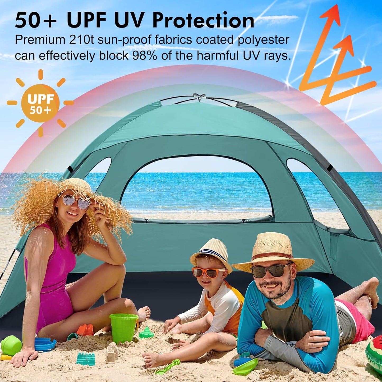 WhiteFang Beach Tent Anti-UV Portable Sun Shade Shelter for 3/4/6/8 Person, Extendable Floor with 3 Ventilating Mesh Windows Plus Carrying Bag, Stakes and Guy Lines