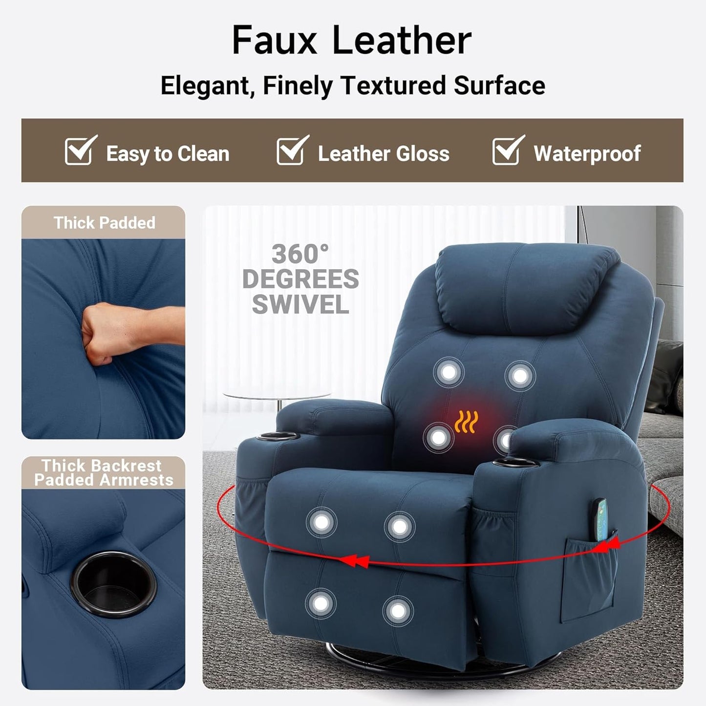 Recliner Chair, Rocking Chair with Heat and Massage, Swivel Recliner Chairs for Adults, Rocker Manual Recliner with Remote Control and Cup Holder for Living Room, Bedroom