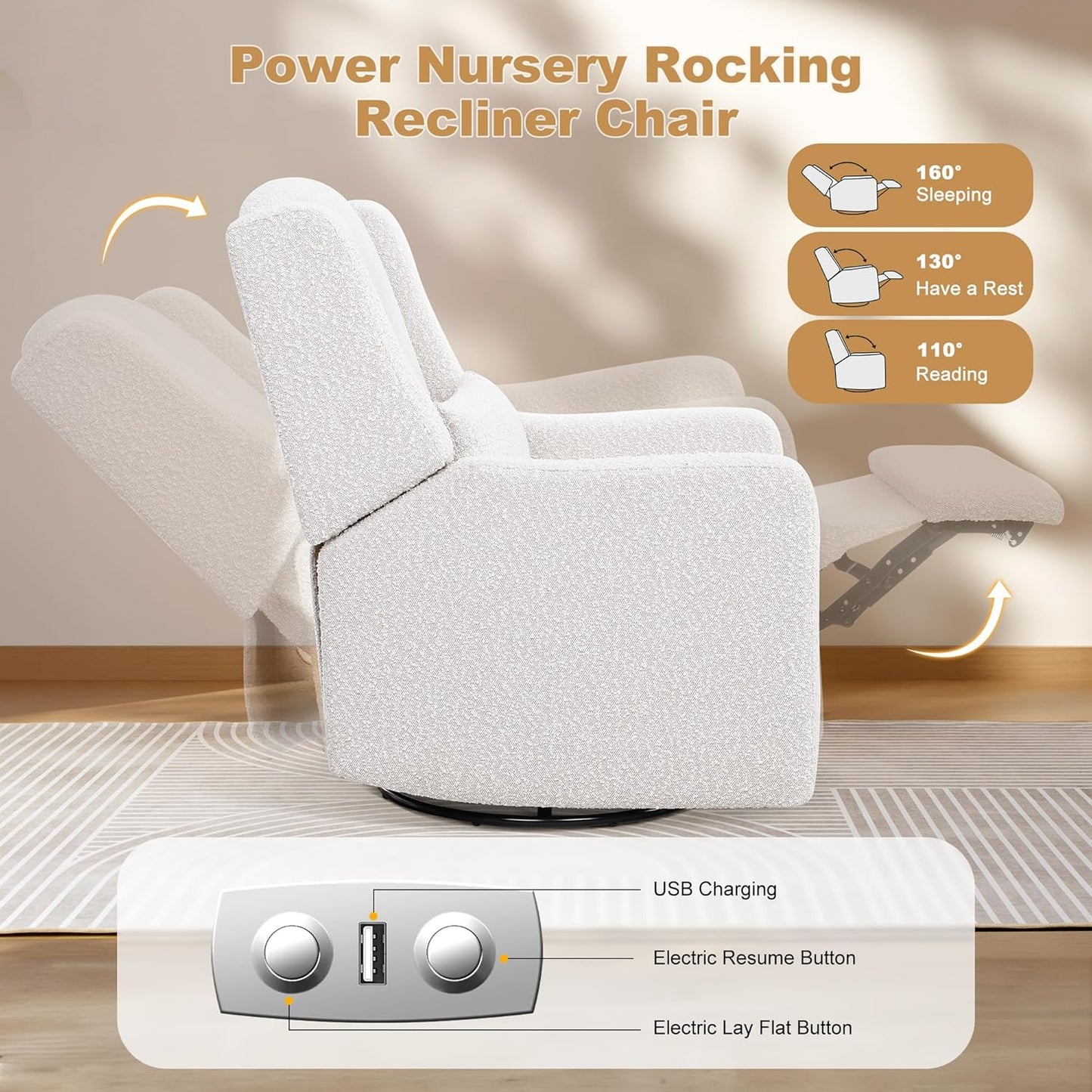 Power Recliner Chair Swivel Gilder Rocking Chairs Skin-Friendly Power Recliner Nursery Chair for Adults with Waist Pillow, USB Charging, Ottoman (Beige, Only Recliner Chair)