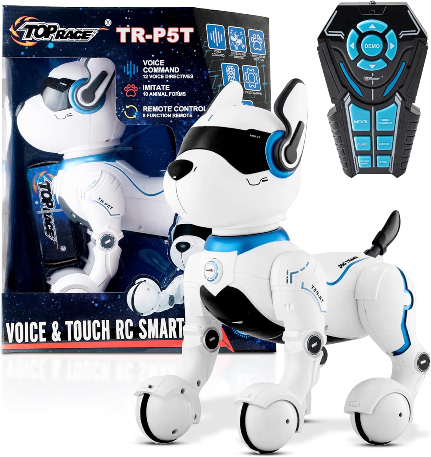 Top Race Rechargeable Robot Dog- Interactive Smart Robo Dog for Kids Ages 5-7 - Programmable with Remote Control, Voice and Touch Features - Realistic Actions and Perform Tricks - 4x5x6 Inches (White)