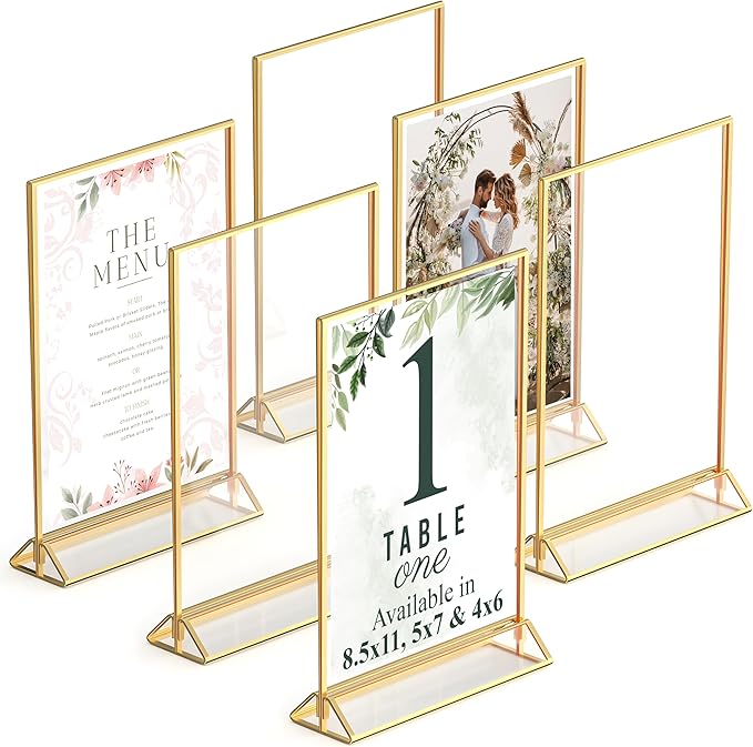 Gold Picture Frames Double-Sided, 6-Pack 5x7 Acrylic Table Number Holders, Clear Easel Stands for Signs, Gold Frames for Wedding Table Numbers, Menu Holders, and Photo Displays for Events and Décor