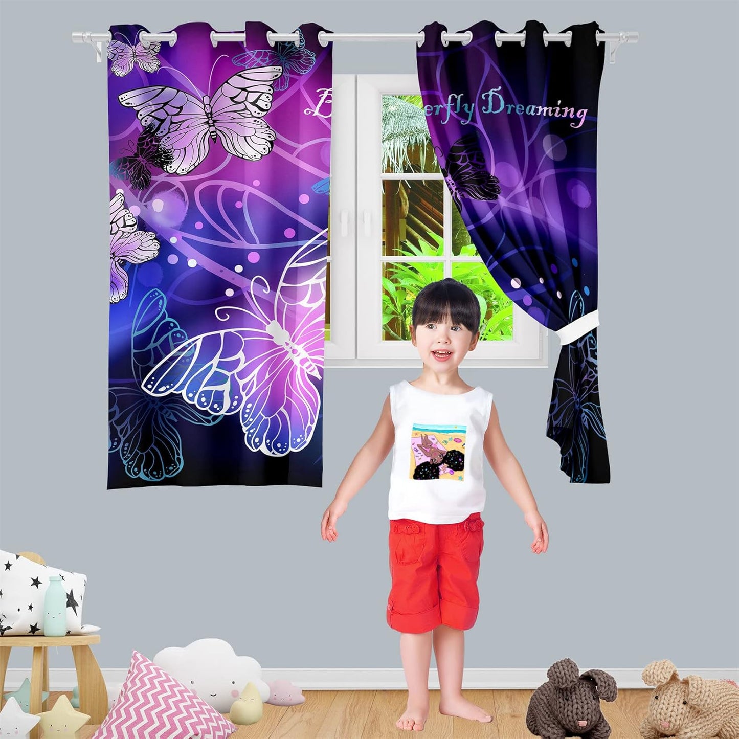 Butterfly Blackout Curtain for Girls Bedroom 2Pcs, Purple Window Curtain Panels Drapes Set Curtains 63 inch Length for Kids Bedroom Nursery Room Grommet Top Thermal Insulated Curtains, 82" x 63"