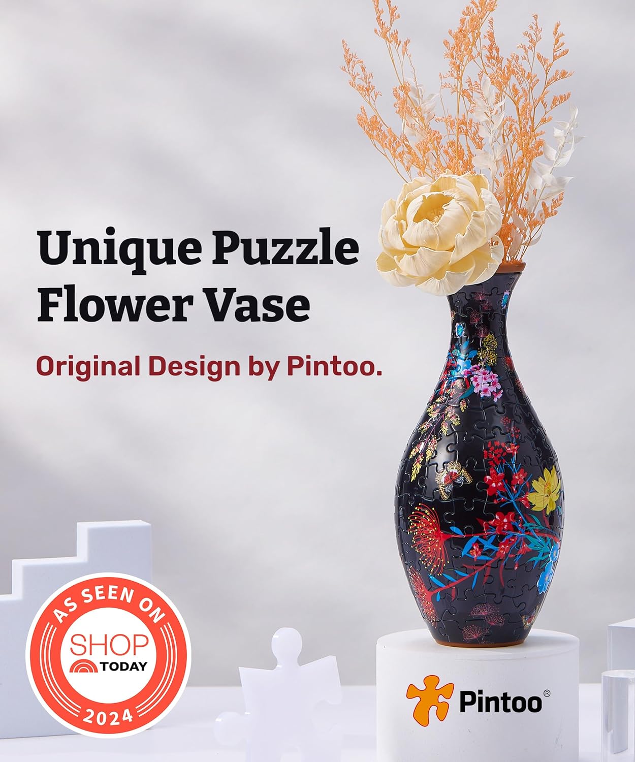 Pintoo 3D Puzzle Vase Unique Flower Vase Made by 160 Curved Plastic Puzzle Pieces House Warming Gift for Flower Arrangements and Home Decoration - [S1031] (Classic, Elegant Floral Print)