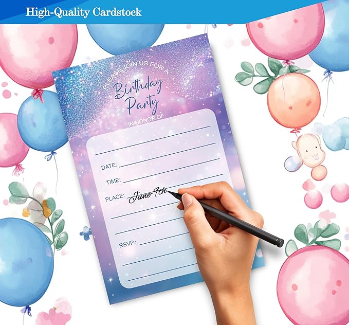 Simple You're Invited Girls Birthday Invitations for Girls, Teal Purple Birthday Party Invitaions for Party Invites, 4x6 Inches, 30 Sets with Envelopes